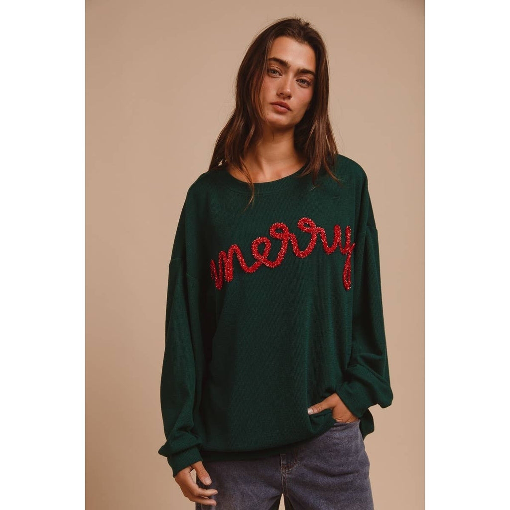 MERRY TINSEL LETTERING TWO TONE RIB PULLOVER