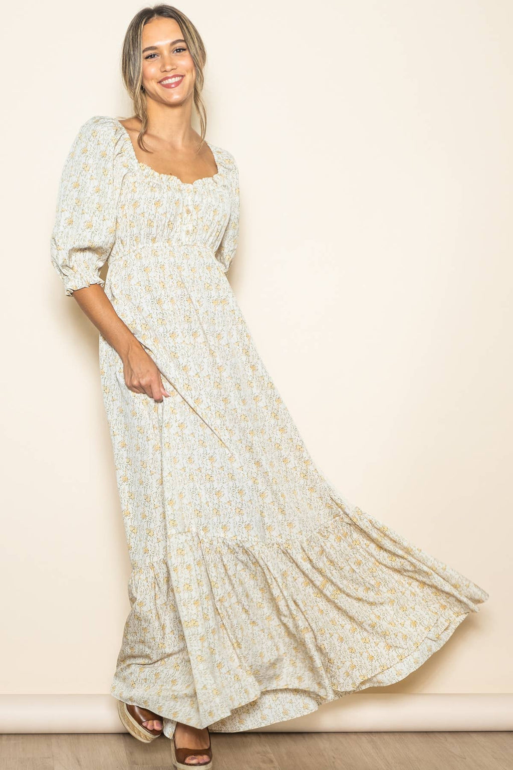 Flowy Babydoll Empire Wide Flare Floral Maxi Dress w Pockets