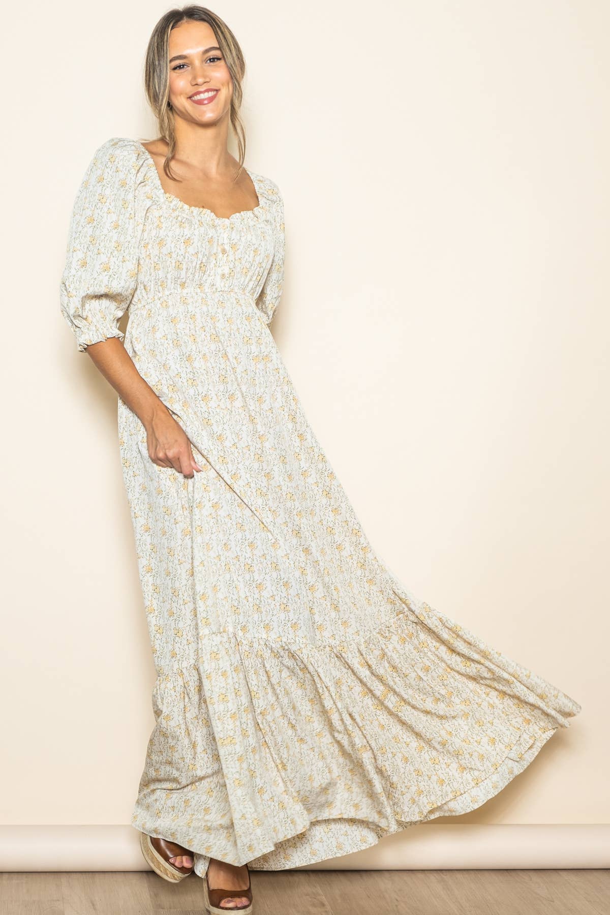 Flowy Babydoll Empire Wide Flare Floral Maxi Dress w Pockets