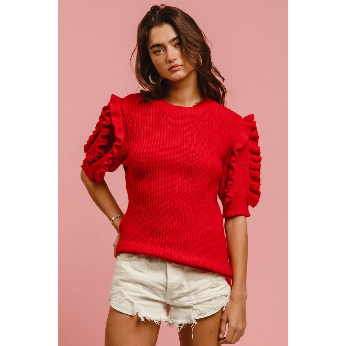 SOLID KNIT RUFFLED SLEEVES TOP