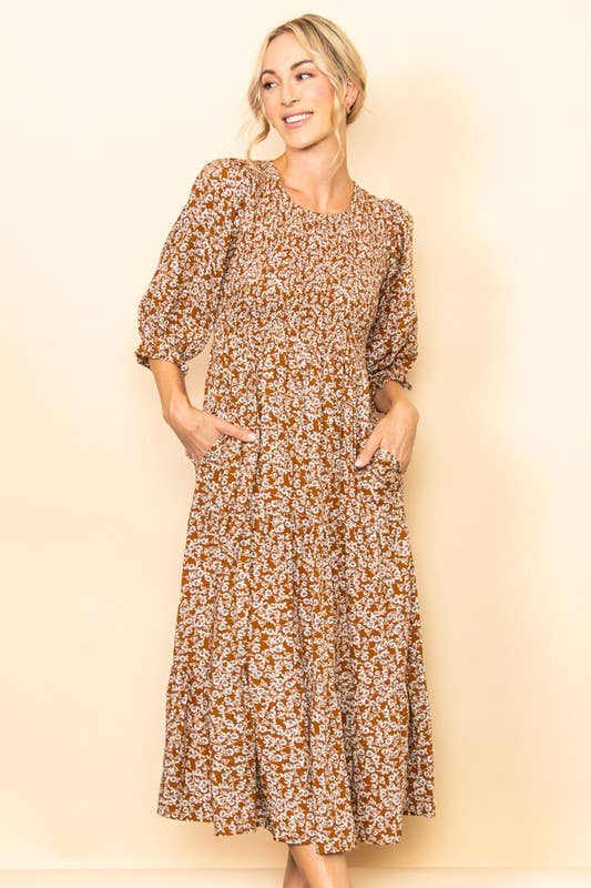 Vintage Floral Smocked Tiered Midi Dress with Pockets