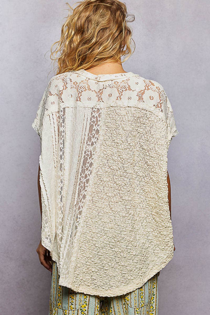 Lavender Patchwork Lace Oversized V-Neck Raw Edge Top