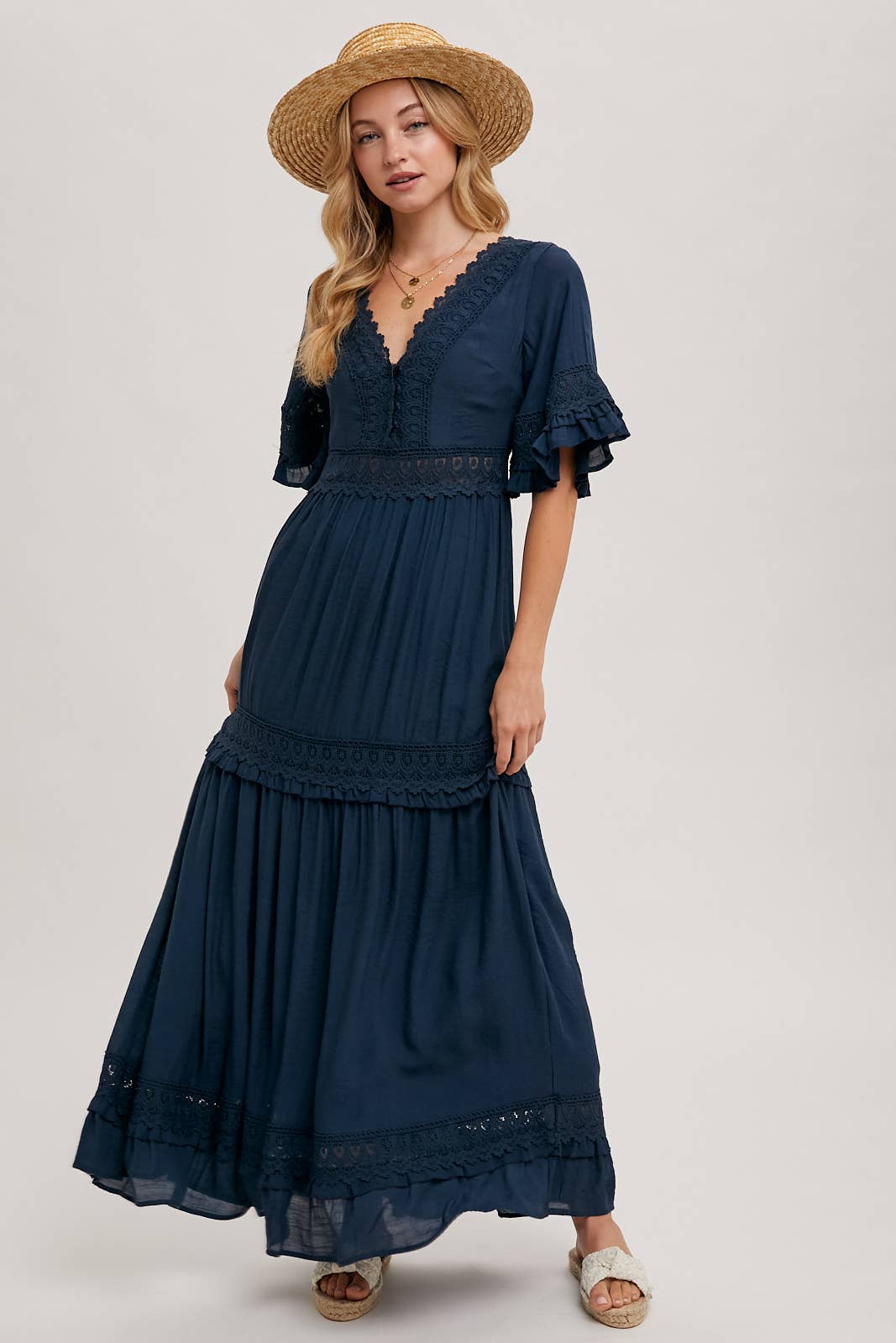 Lace V Neck Maxi Dress with Ruffle Sleeves (Olive & Ivory)