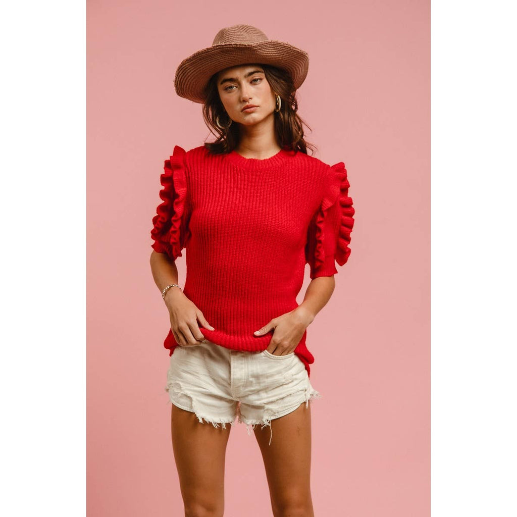 SOLID KNIT RUFFLED SLEEVES TOP