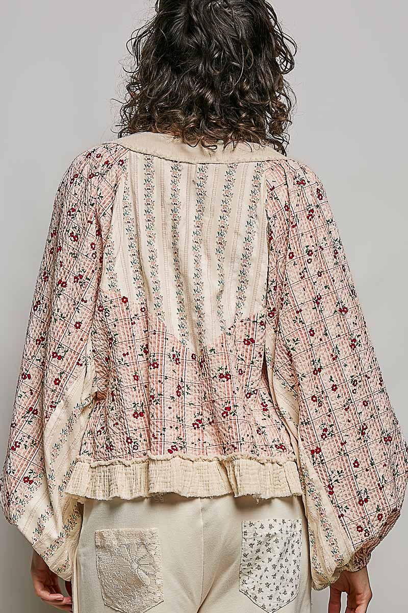 Beige/Peach Multi Color V Neck Balloon Sleeve Top