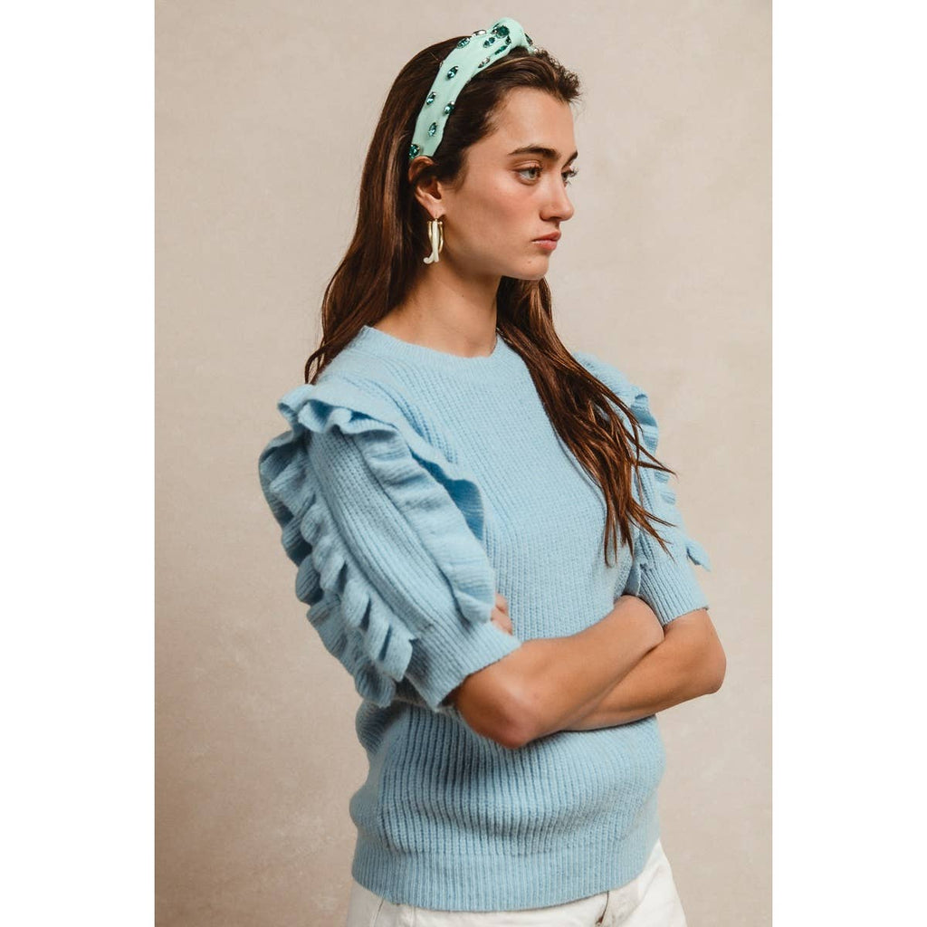 SOLID KNIT RUFFLED SLEEVES TOP
