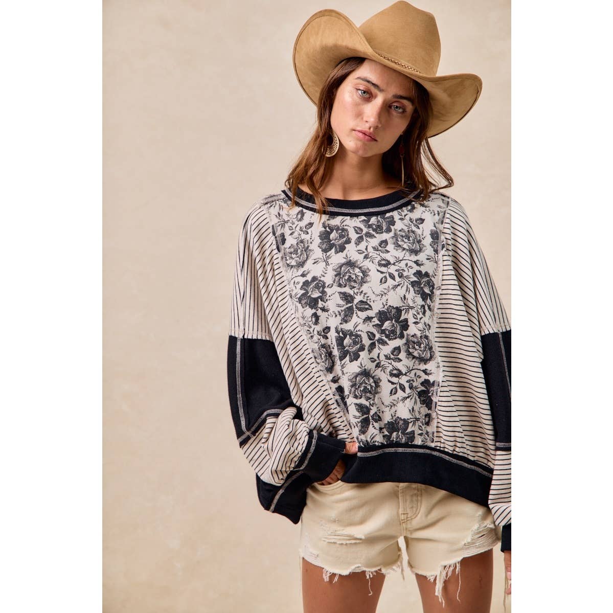 ROSE TWILL AND STRIPE MIX AND MATCH TOP