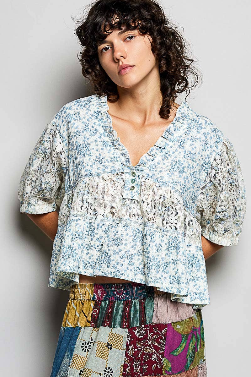 Blue Floral Printed Lace Patch Adjustable Back Loop Ruffled V-Neck Top