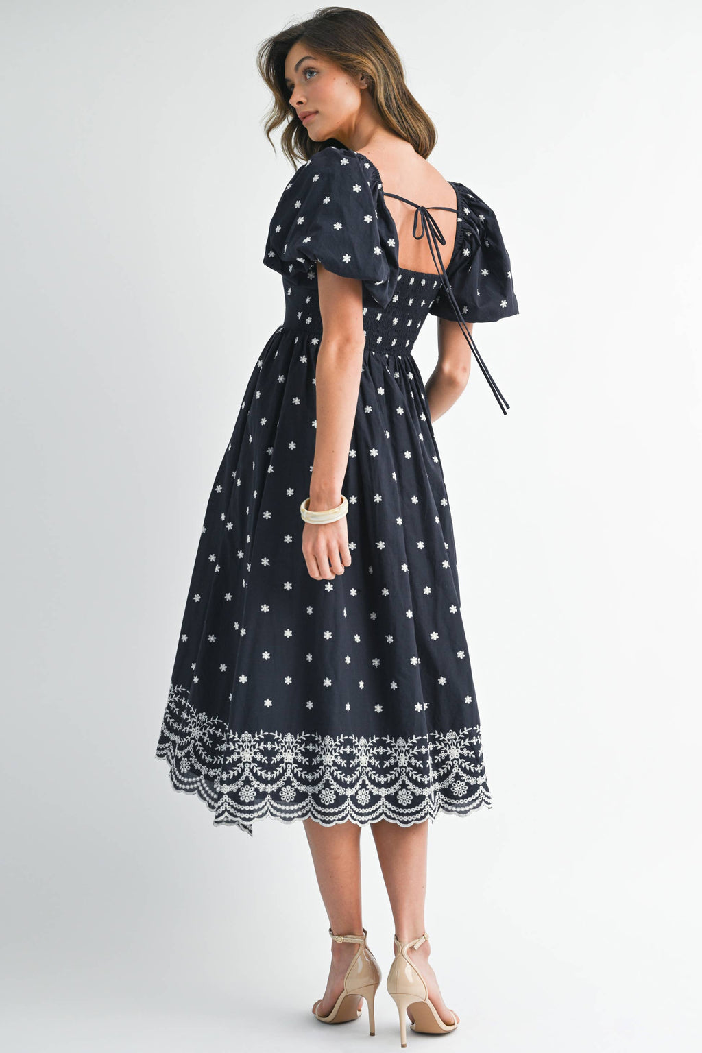 Navy Floral A Line Tie Back Dress with Puff Sleeves