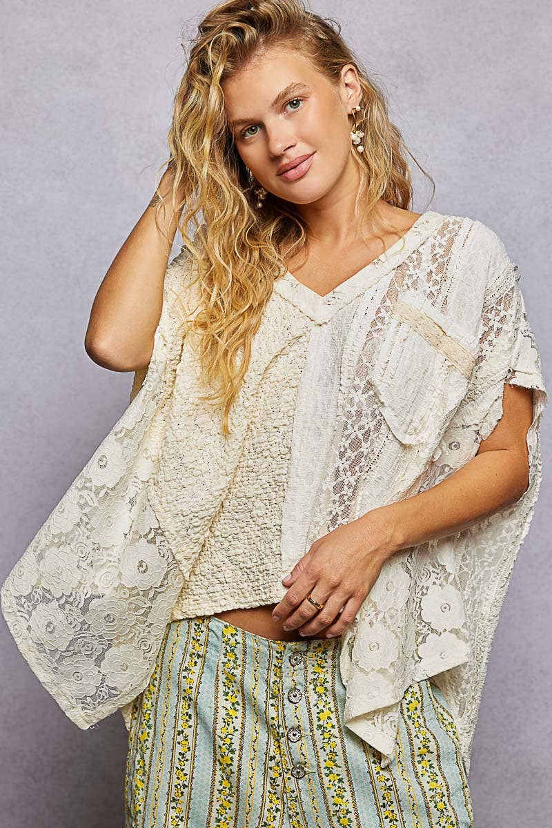 Lavender Patchwork Lace Oversized V-Neck Raw Edge Top