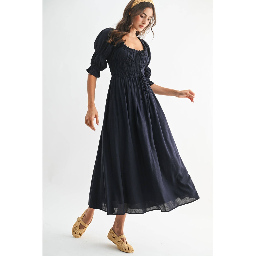 Navy Off or On Shoulder Pleated Maxi Dress