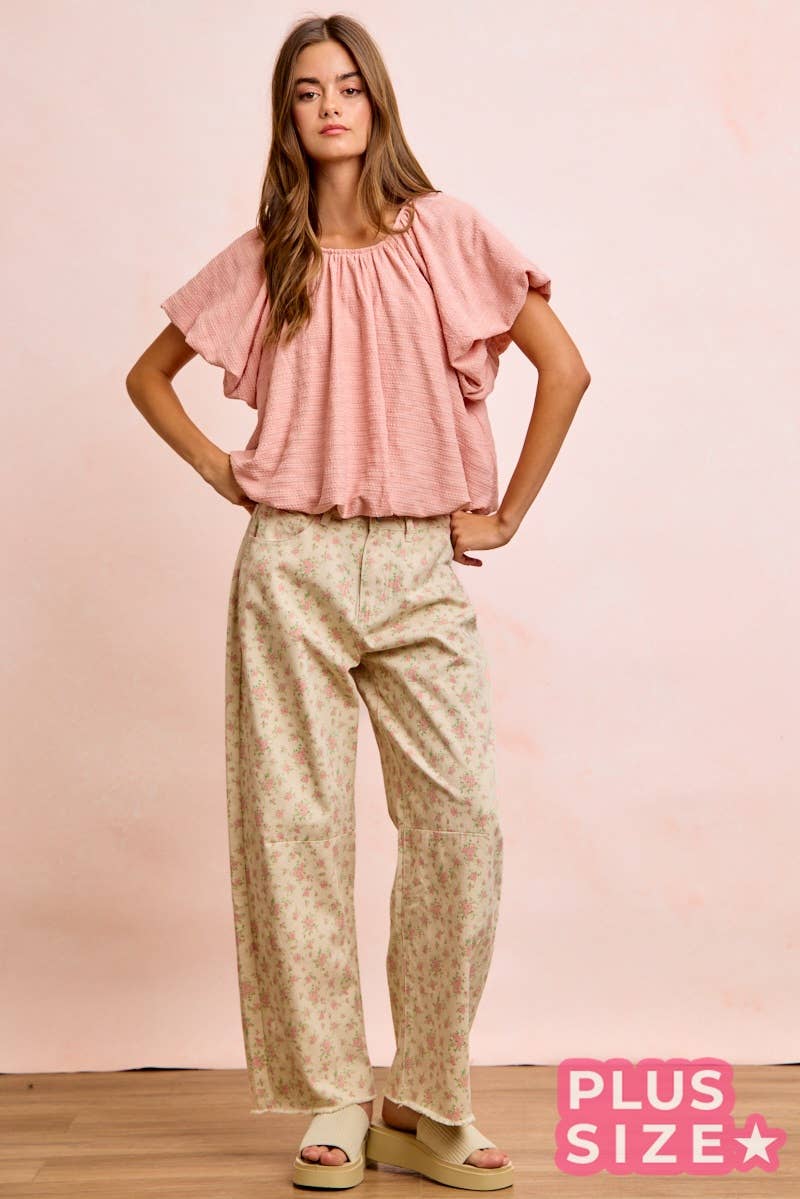STRIPES TEXTURED SHIRRED NECKLINE BUBBLE HEM TOP