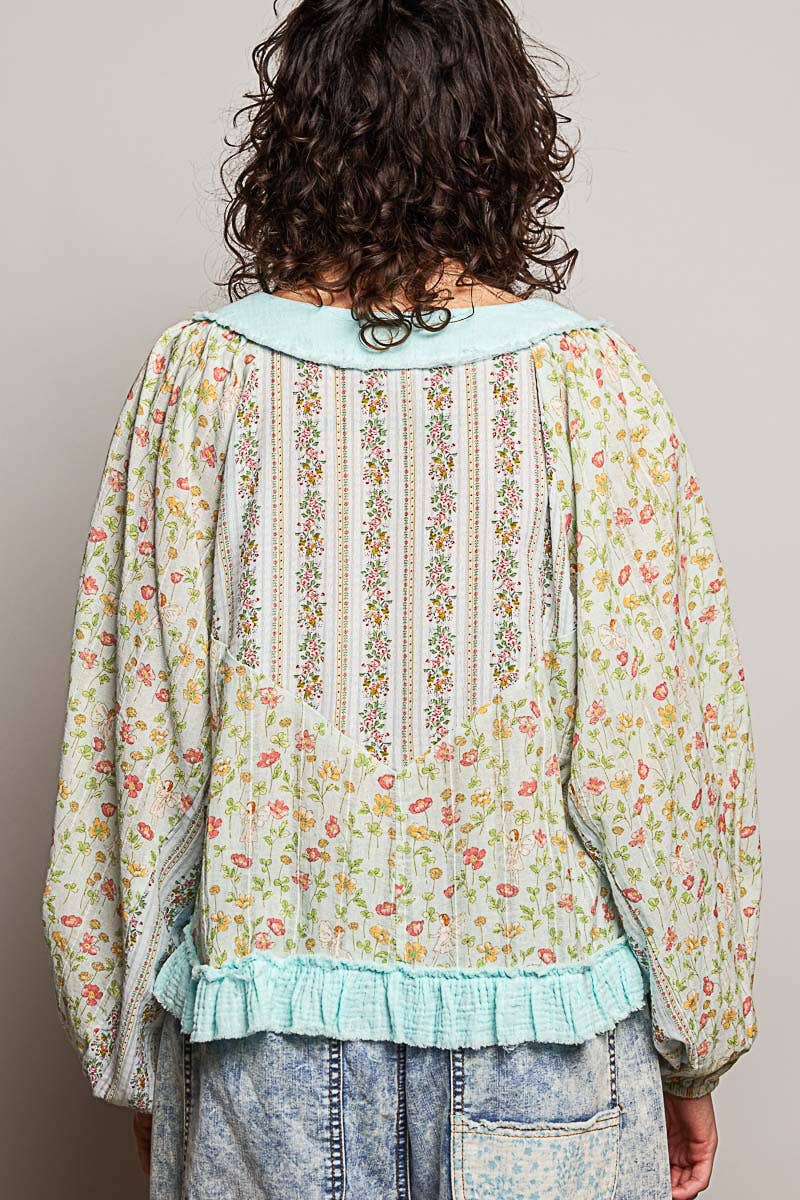 Beige/Peach Multi Color V Neck Balloon Sleeve Top