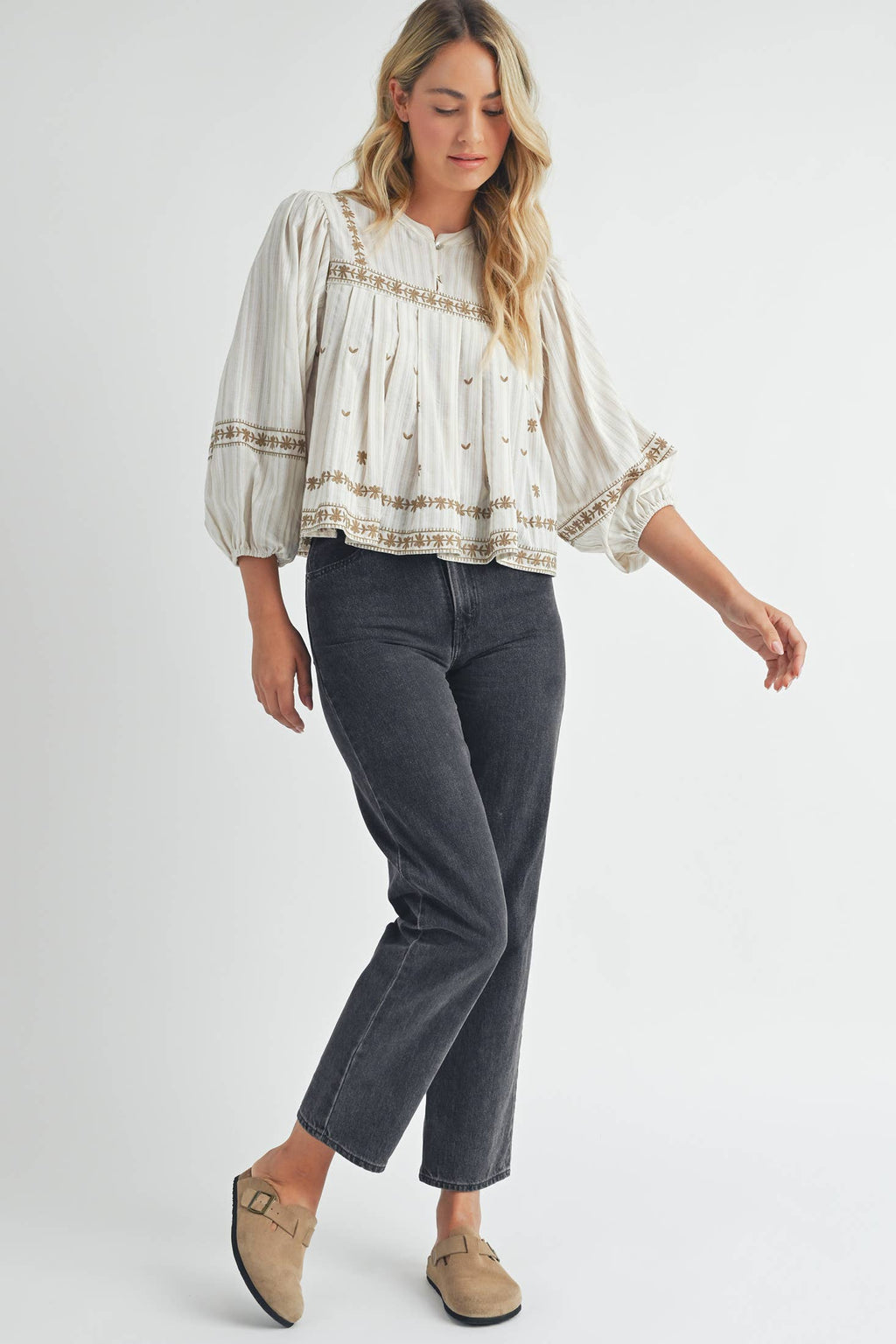 Ivory/Beige Embroidered Puff Long Sleeve Top