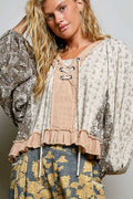 Beige/Peach Multi Color V Neck Balloon Sleeve Top