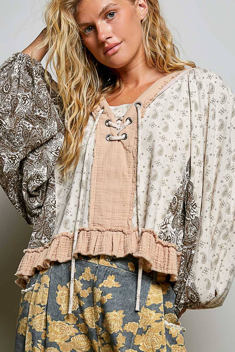 Beige/Peach Multi Color V Neck Balloon Sleeve Top