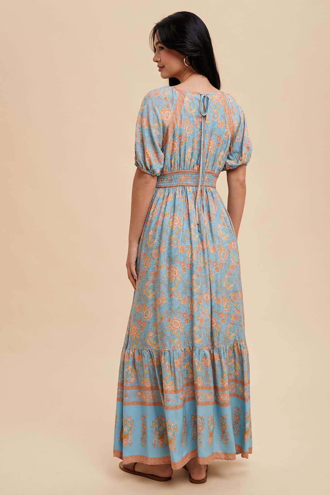 Dusty Blue Border Print Maxi Dress with Puff Sleeves