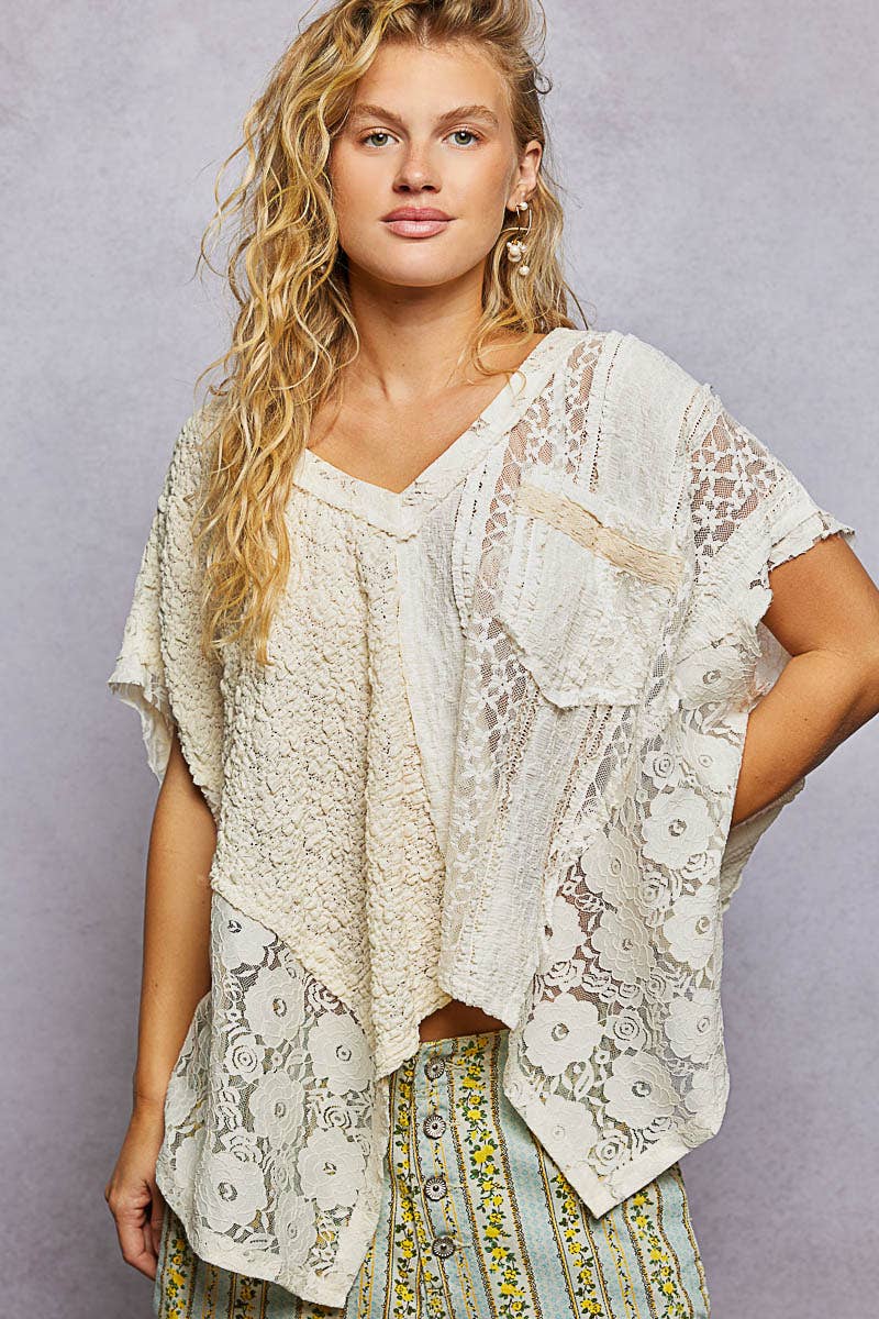 Lavender Patchwork Lace Oversized V-Neck Raw Edge Top