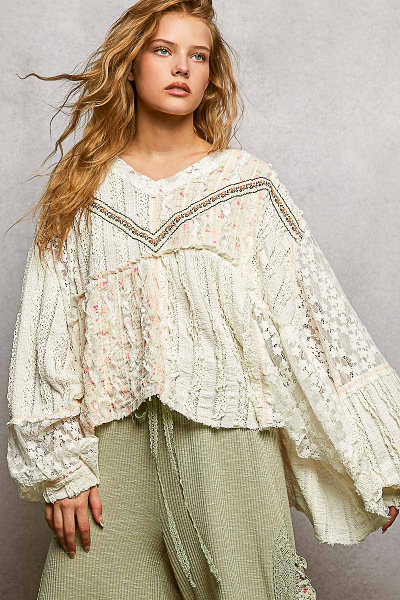 Bohemian Lace Outseam Balloon Sleeve Top