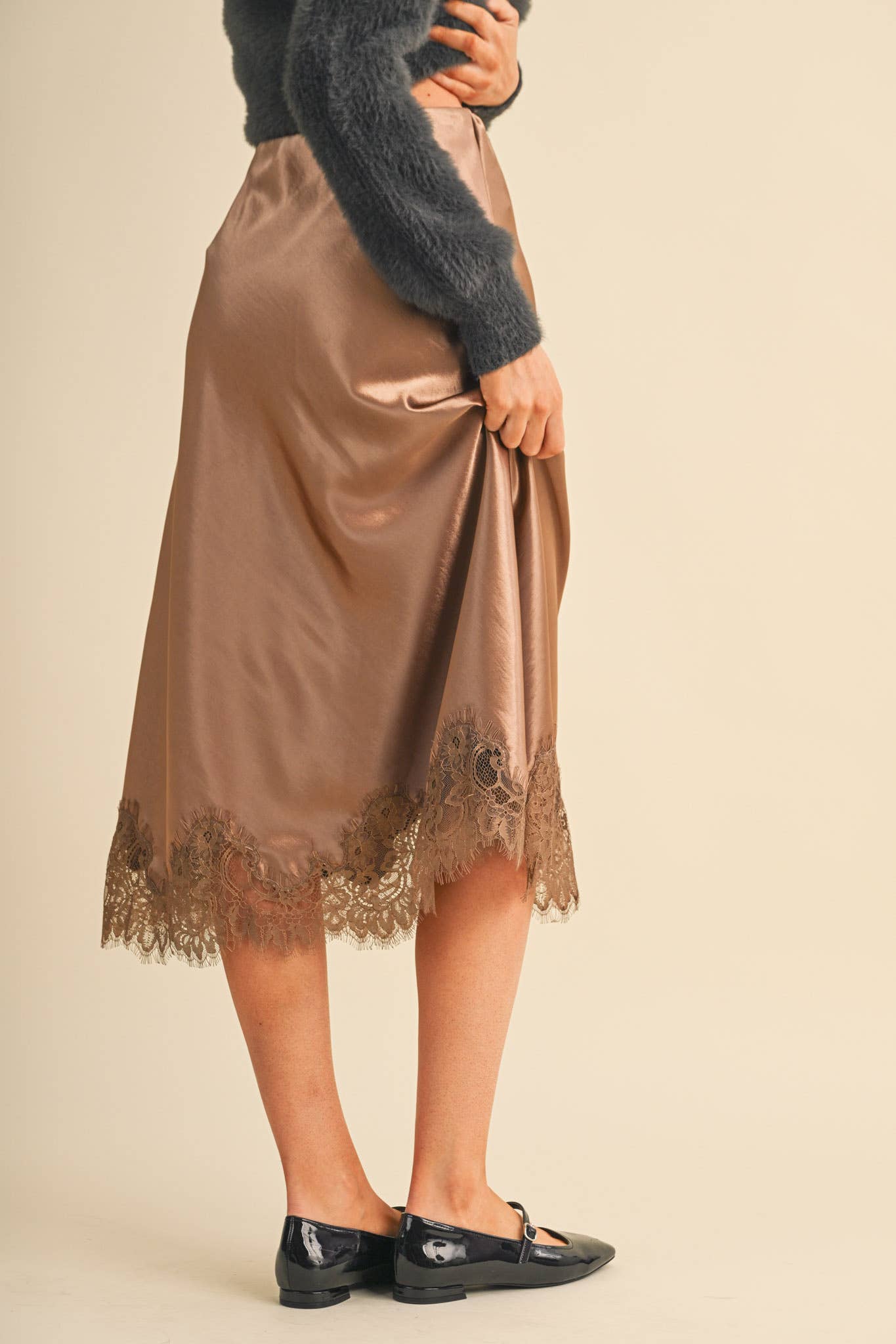 Espresso Satin Midi Slip Skirt with Lace Hem