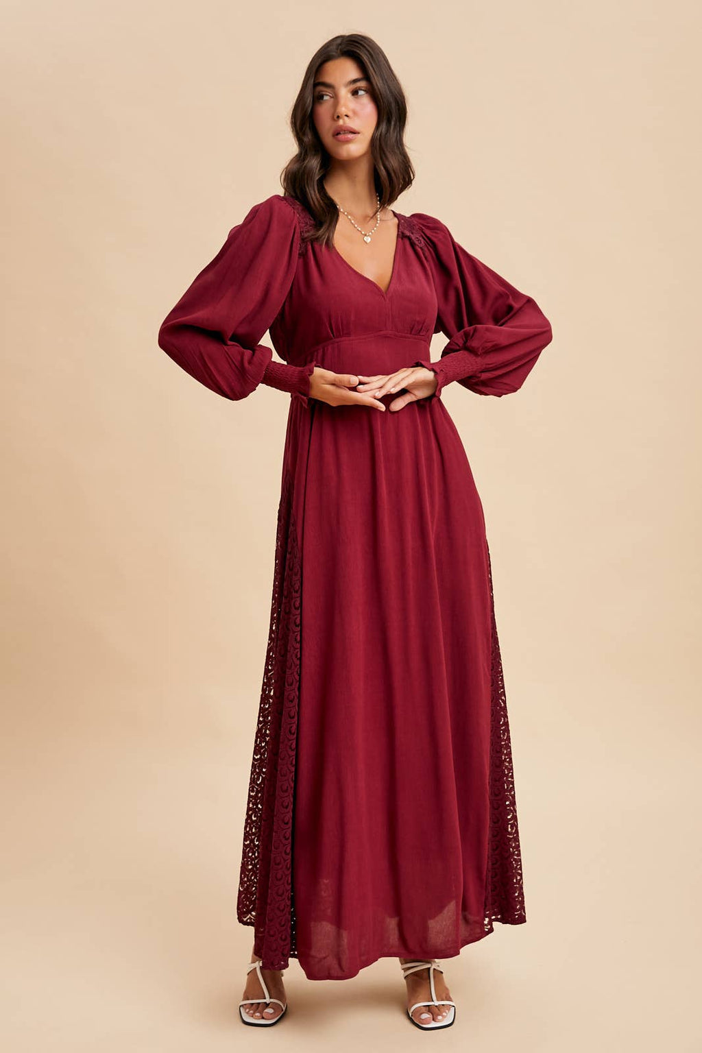Wine Long Sleeve Dress with Lace Details