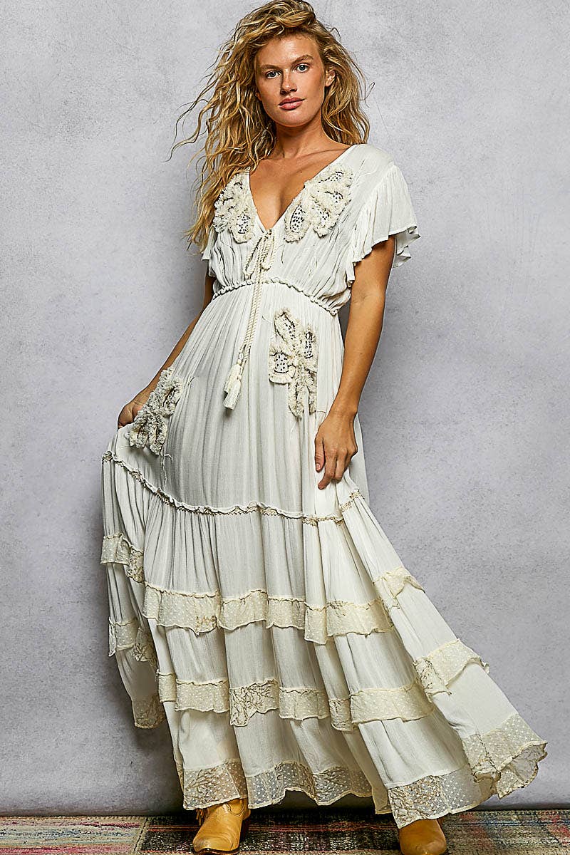 Ivory Ruffle Trim V-neck Embroidery Sequins Tassel Maxi Dress