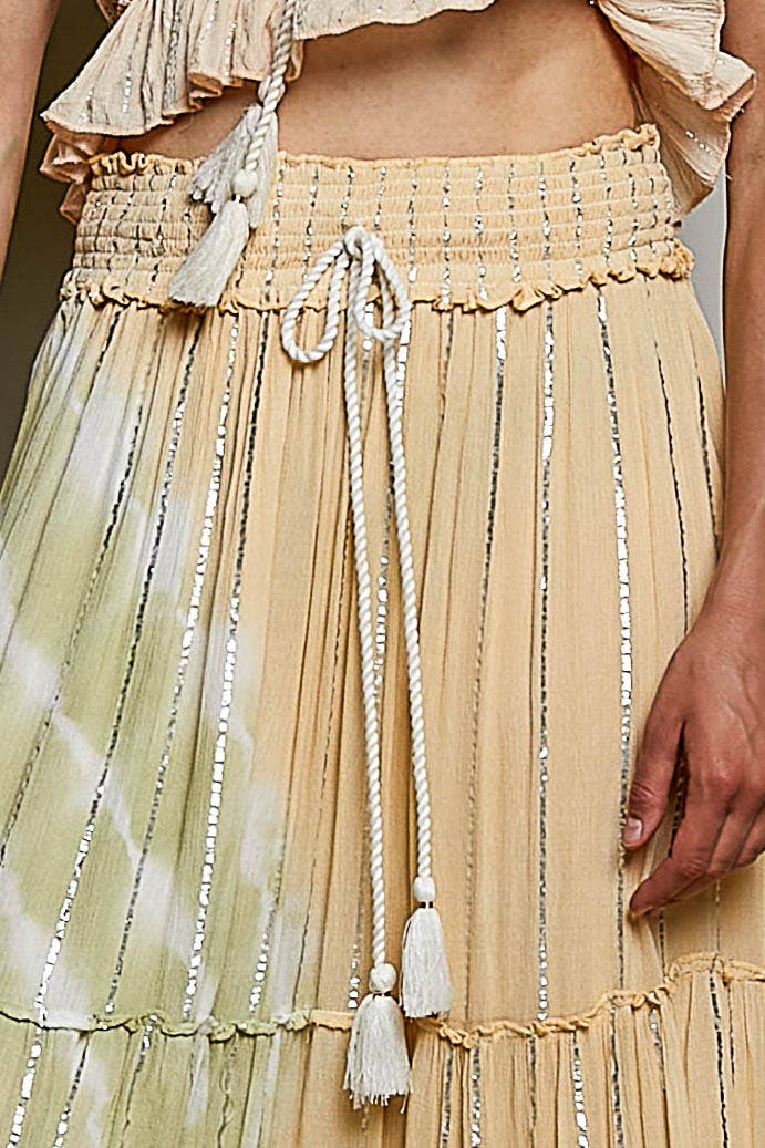 Coral/Olive Smocked Waist Tassel Tie Tiered Maxi Skirt