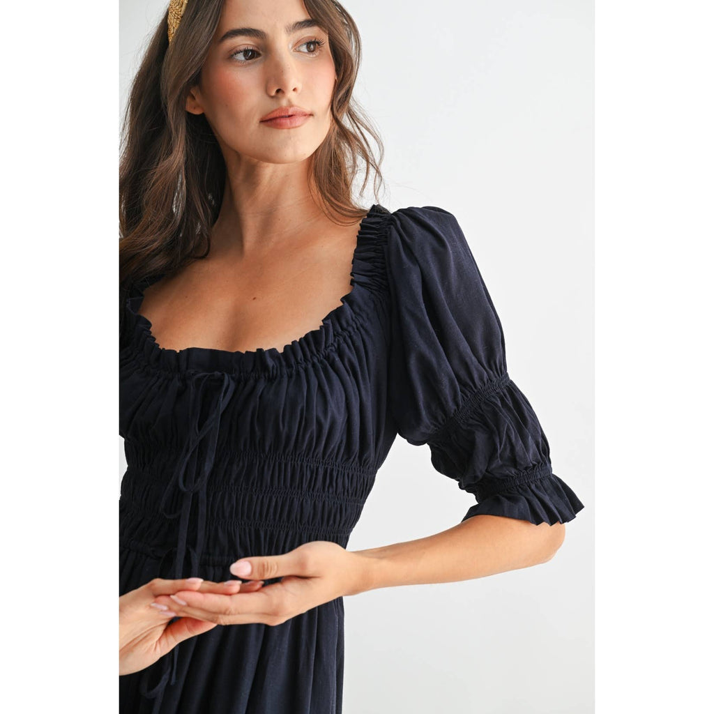 Navy Off or On Shoulder Pleated Maxi Dress