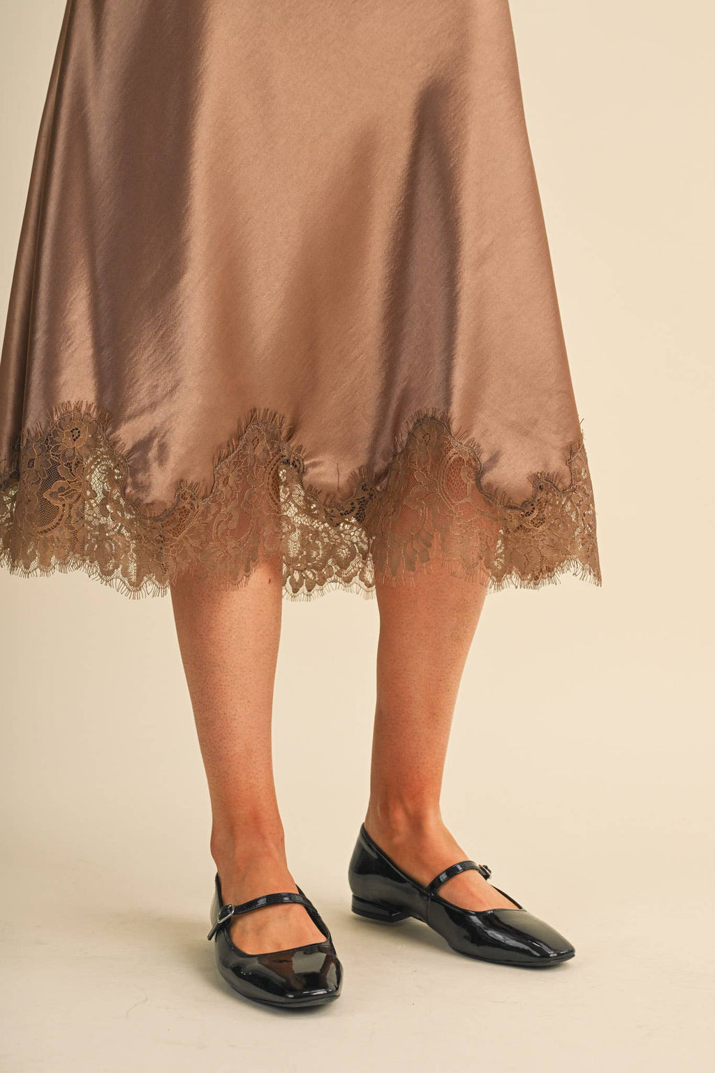Espresso Satin Midi Slip Skirt with Lace Hem