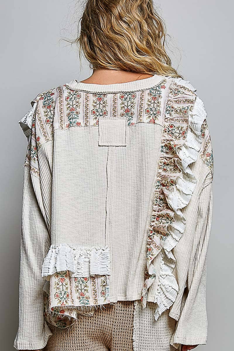 Floral Ruffle Trim Textured Ribbed Long Sleeve Knit Top