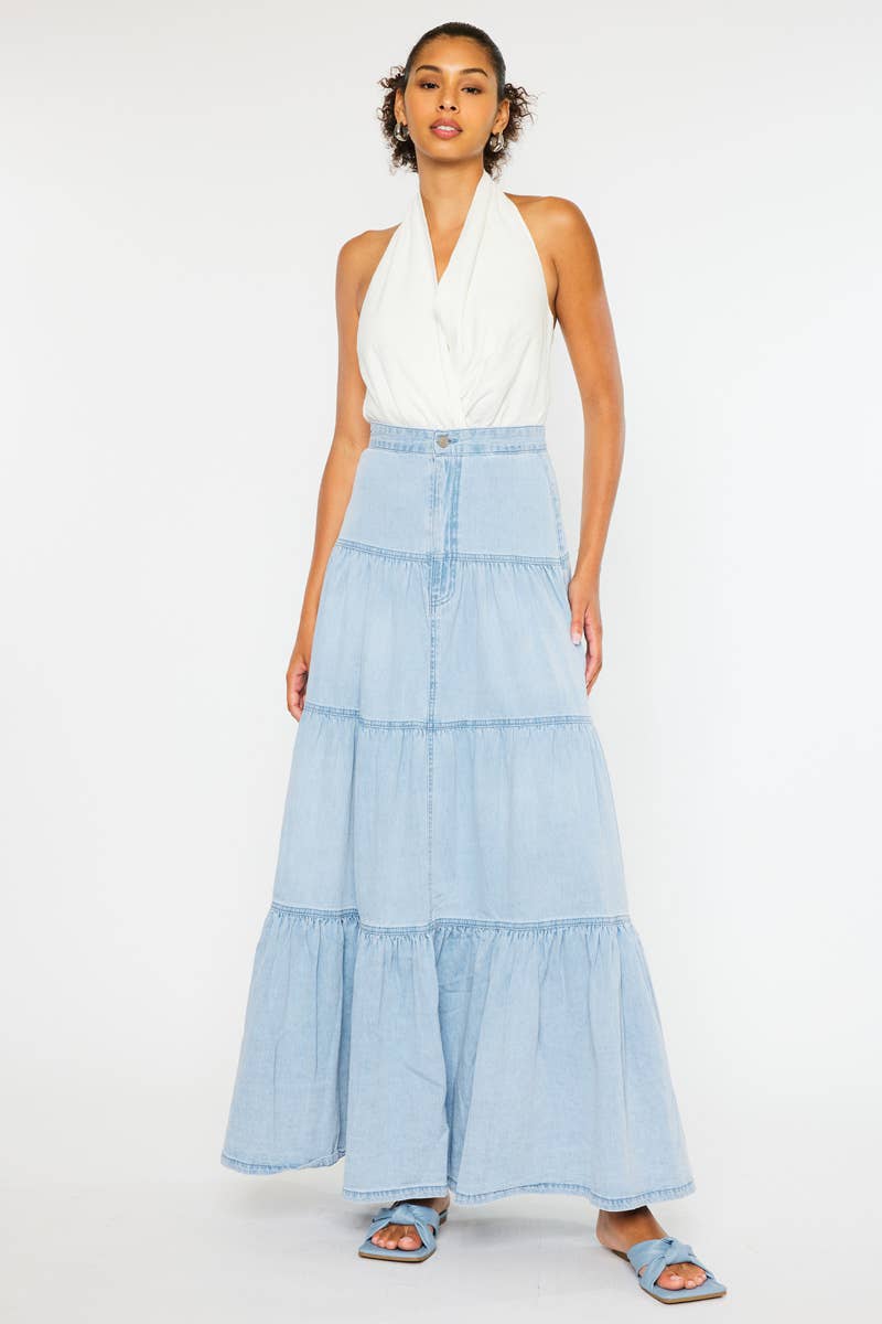 Light Wash Tiered Maxi Skirt - Kan Can
