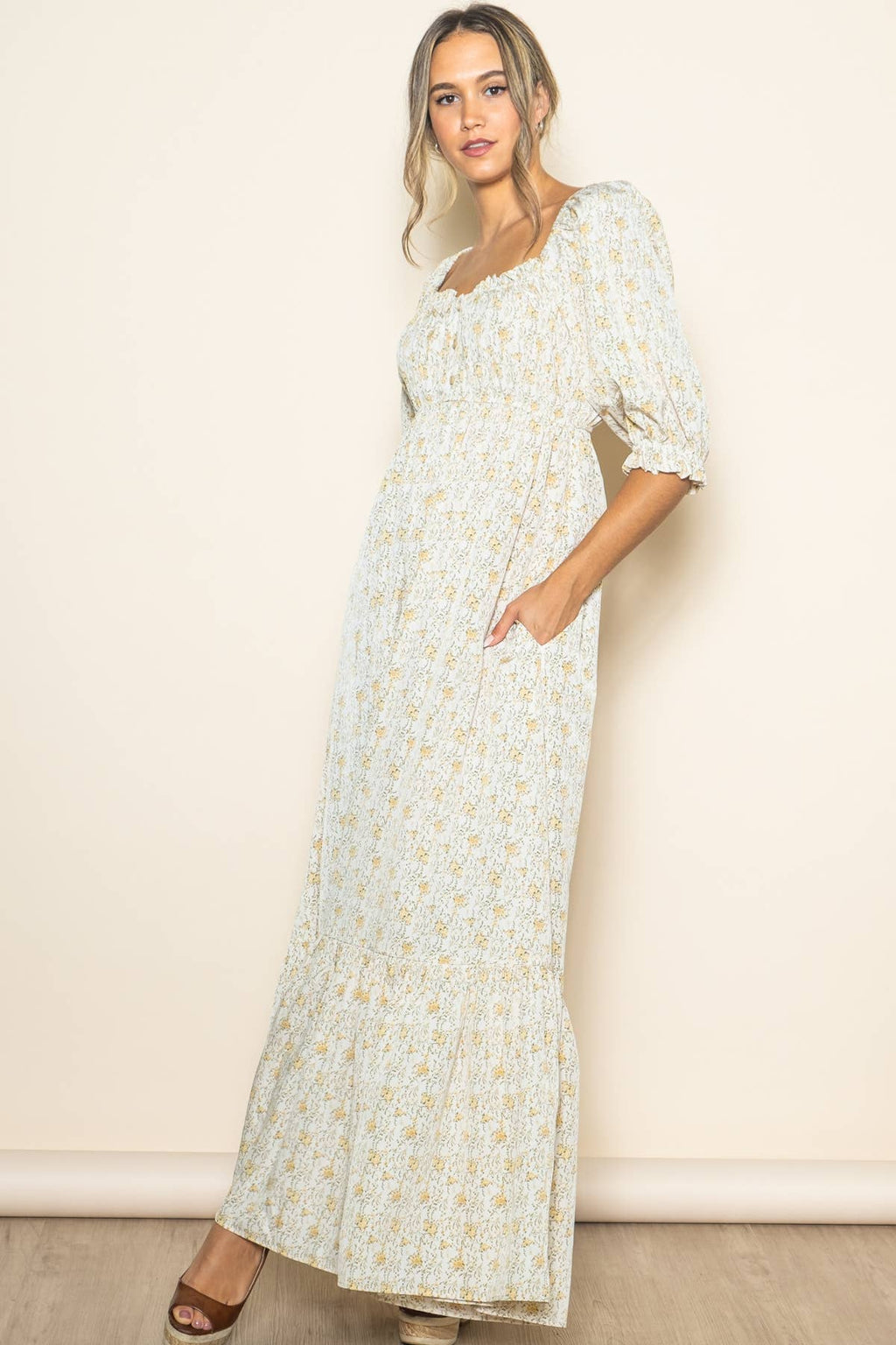 Flowy Babydoll Empire Wide Flare Floral Maxi Dress w Pockets
