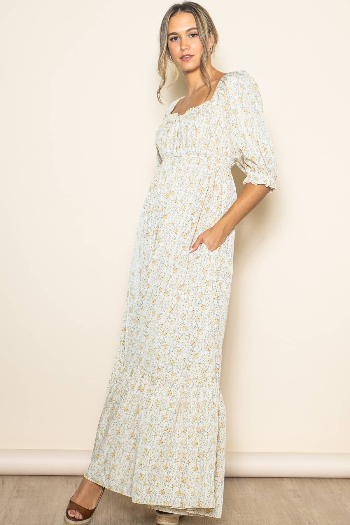 Flowy Babydoll Empire Wide Flare Floral Maxi Dress w Pockets