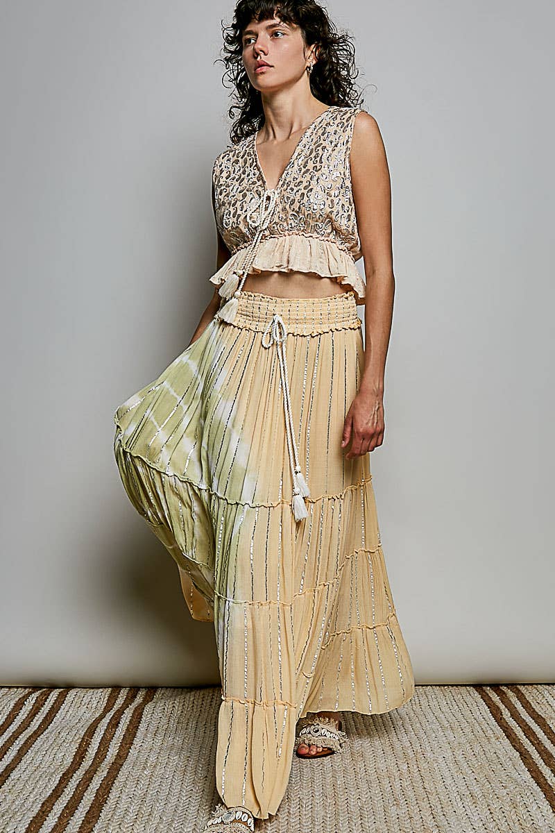 Coral/Olive Smocked Waist Tassel Tie Tiered Maxi Skirt