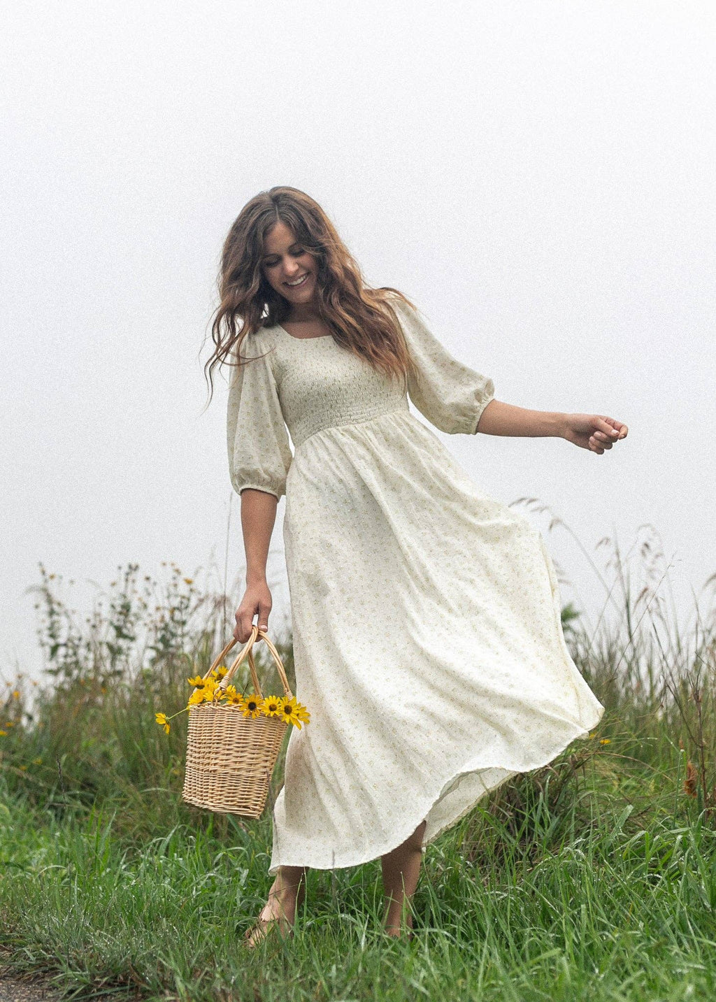Kayleen Ivory Floral Smocked Bodice Maxi Dress