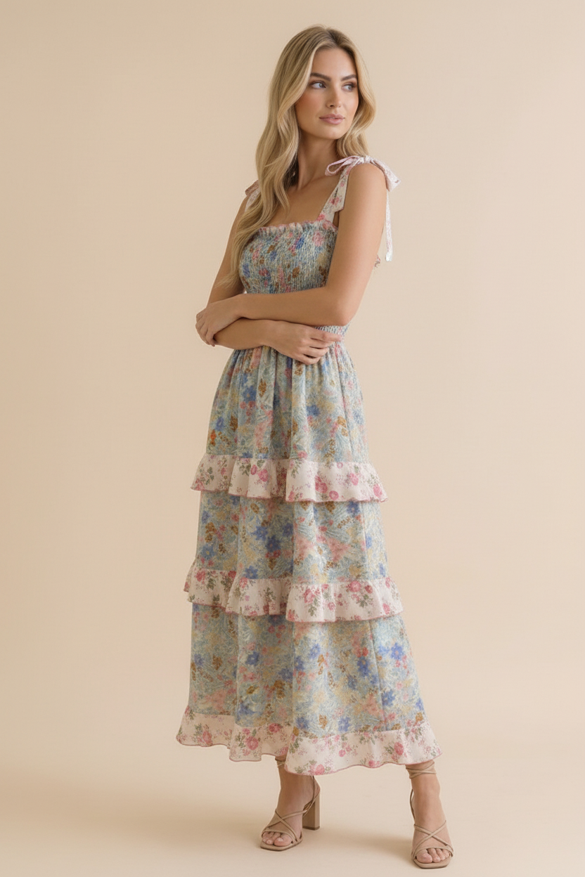 Plus Smocking Tube Color Block Floral Maxi Dress