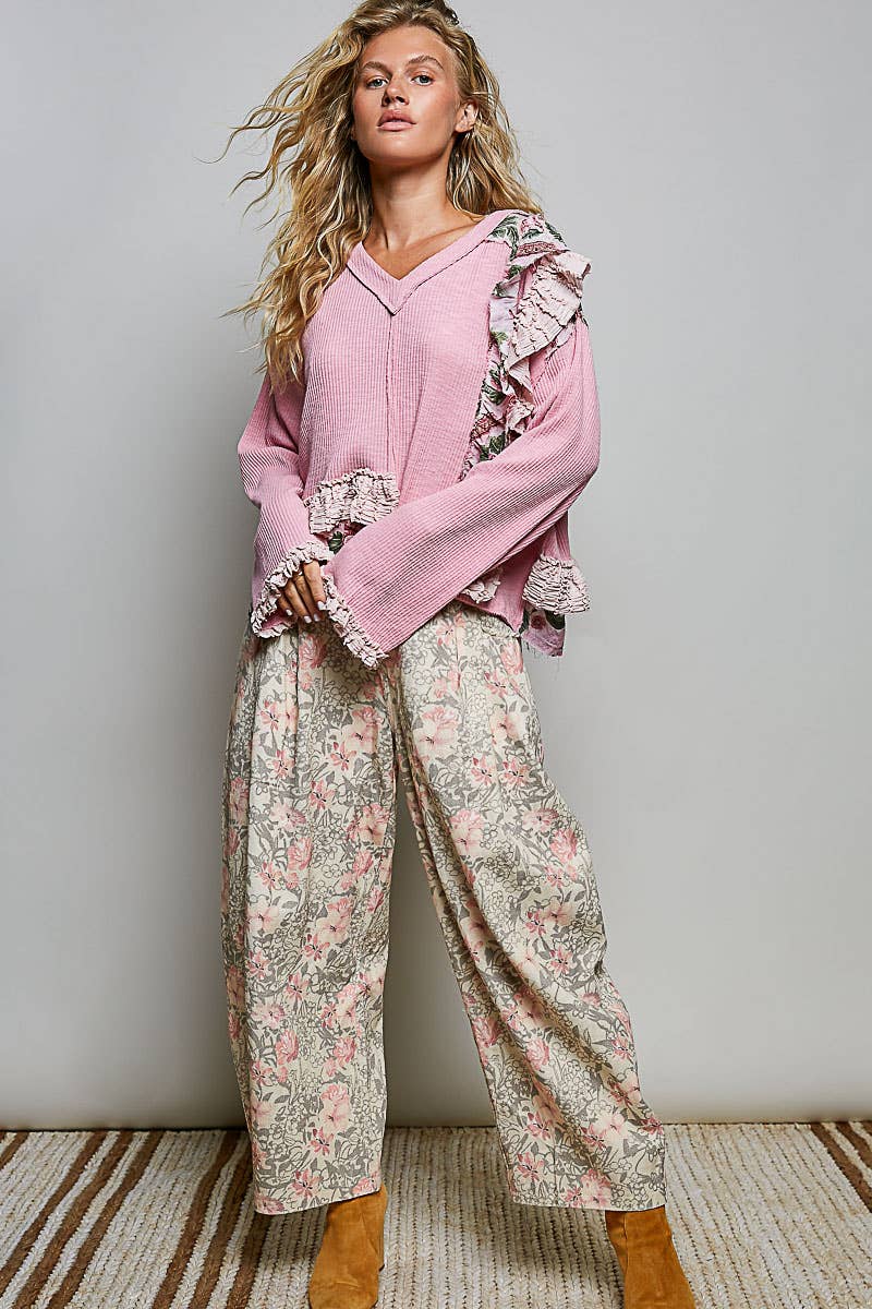 Floral Ruffle Trim Textured Ribbed Long Sleeve Knit Top
