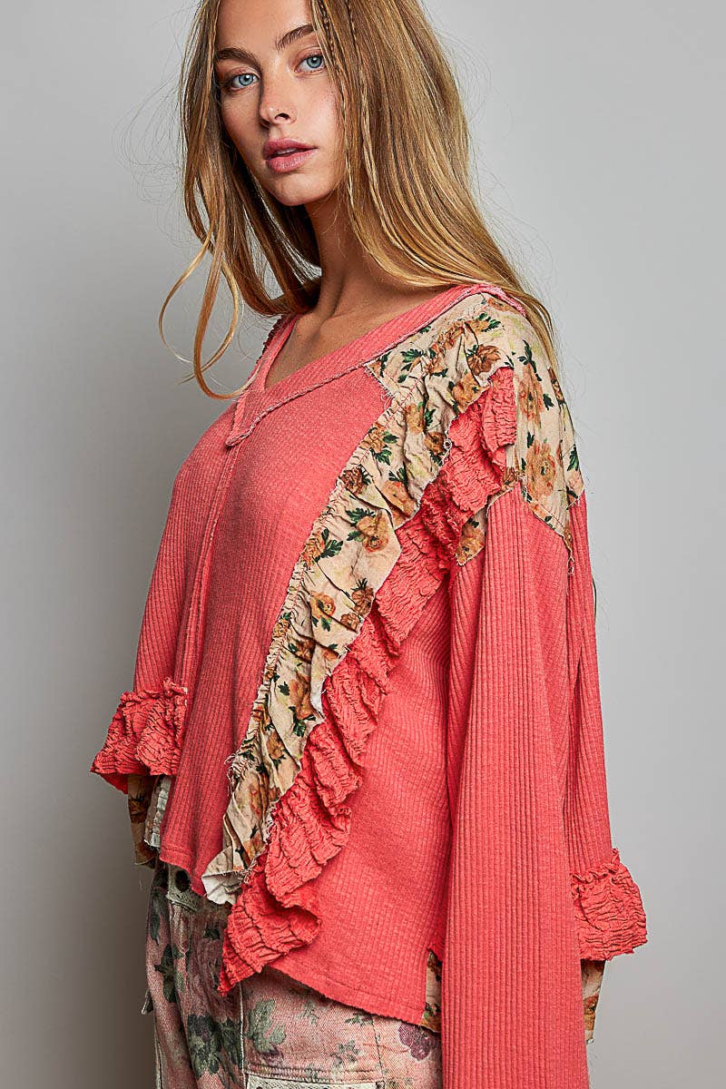 Floral Ruffle Trim Textured Ribbed Long Sleeve Knit Top