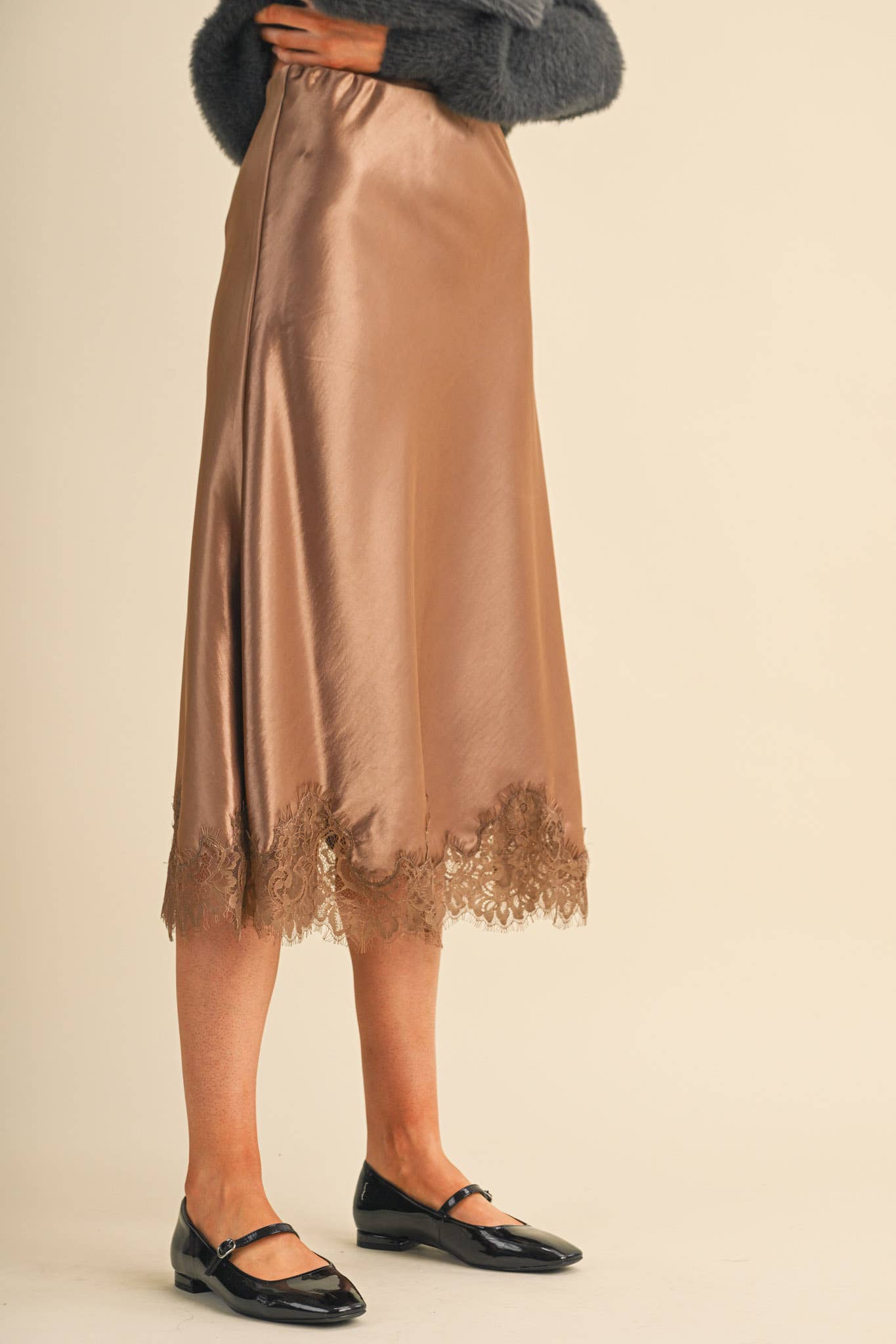 Espresso Satin Midi Slip Skirt with Lace Hem