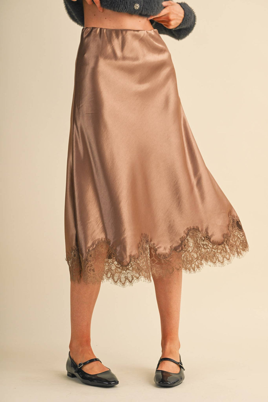 Espresso Satin Midi Slip Skirt with Lace Hem