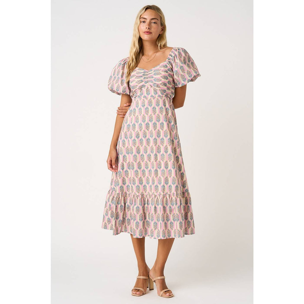 Sage/Ivory Striped with Peach Floral Puff Sleeve Dress
