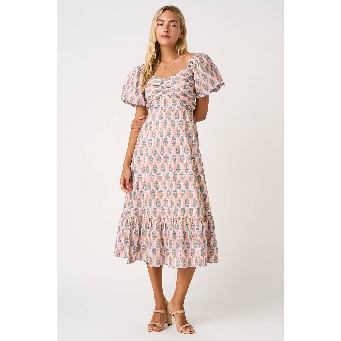 Sage/Ivory Striped with Peach Floral Puff Sleeve Dress