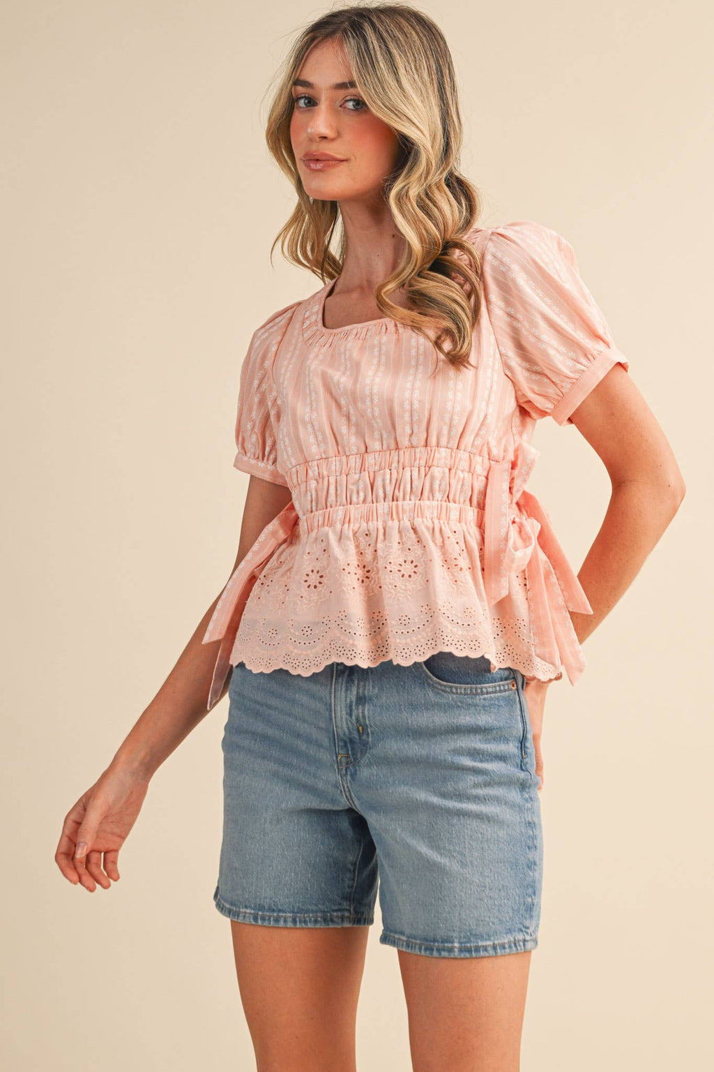 Denim Blue Striped Floral Eyelet Hem Peplum Top