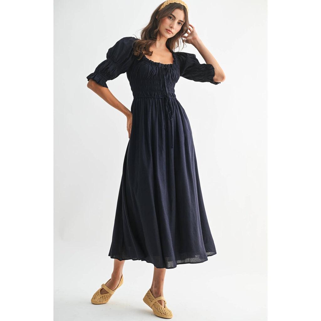 Navy Off or On Shoulder Pleated Maxi Dress