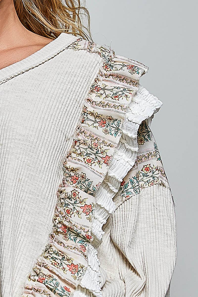 Floral Ruffle Trim Textured Ribbed Long Sleeve Knit Top