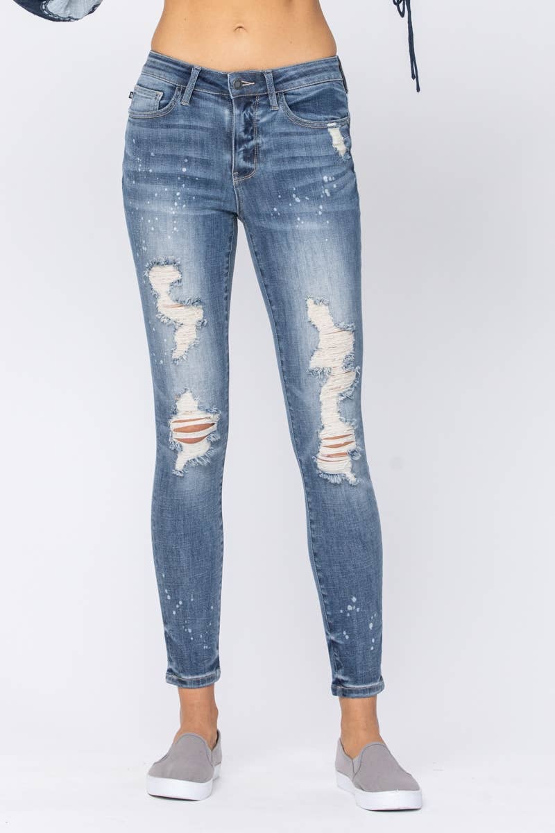 Mid Rise Bleached Splatter Skinny Jeans - Judy Blue