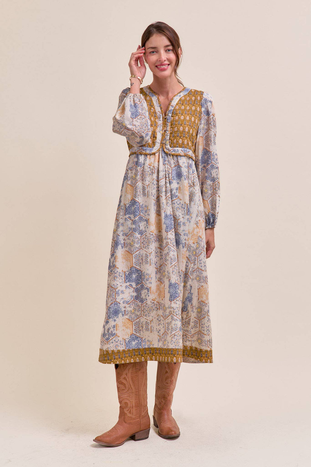 Mustard/Blue Quilted Vest Midi Length Dress