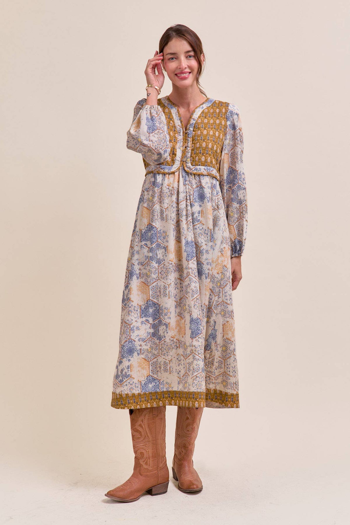 Mustard/Blue Quilted Vest Midi Length Dress