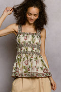 Cream/Multi Printed Square Neck Ruffle Woven Top