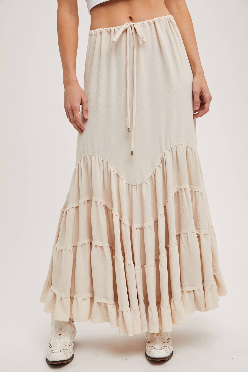 RUFFLED DRAWSTRING WASIT MAXI SKIRT WITH LINING